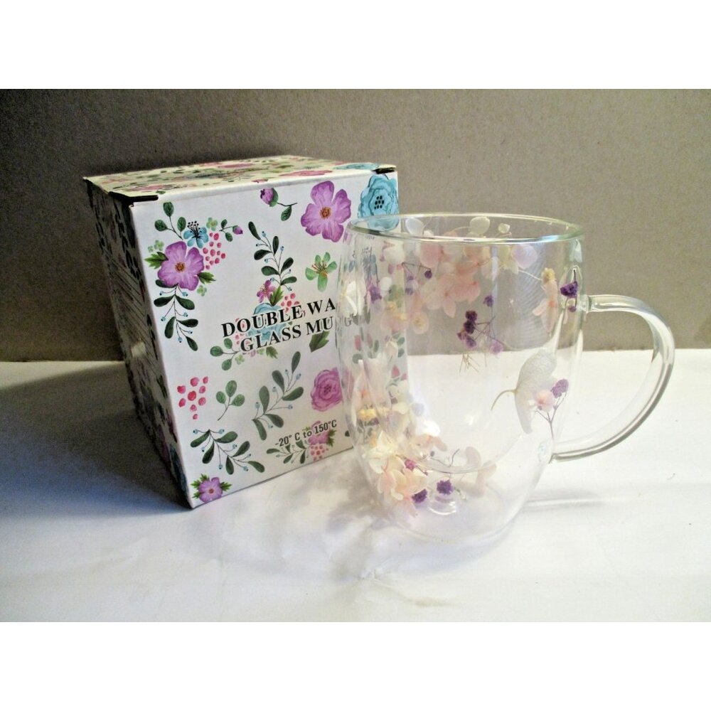 *Charming Double Wall Glass Mug With Pressed Floral Design-NIB